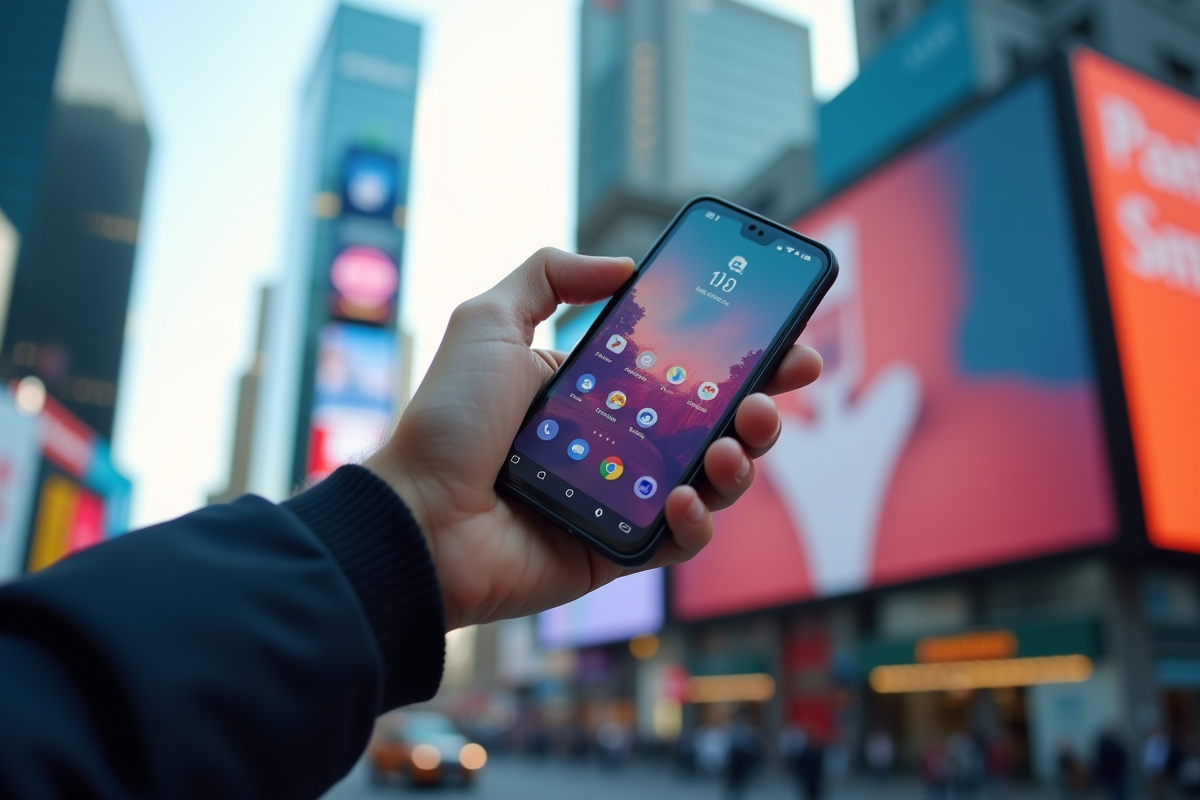 Main tenant un smartphone devant une grande affiche urbaine dynamique