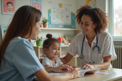 Infirmière de santé avec un enfant et sa mère dans une clinique