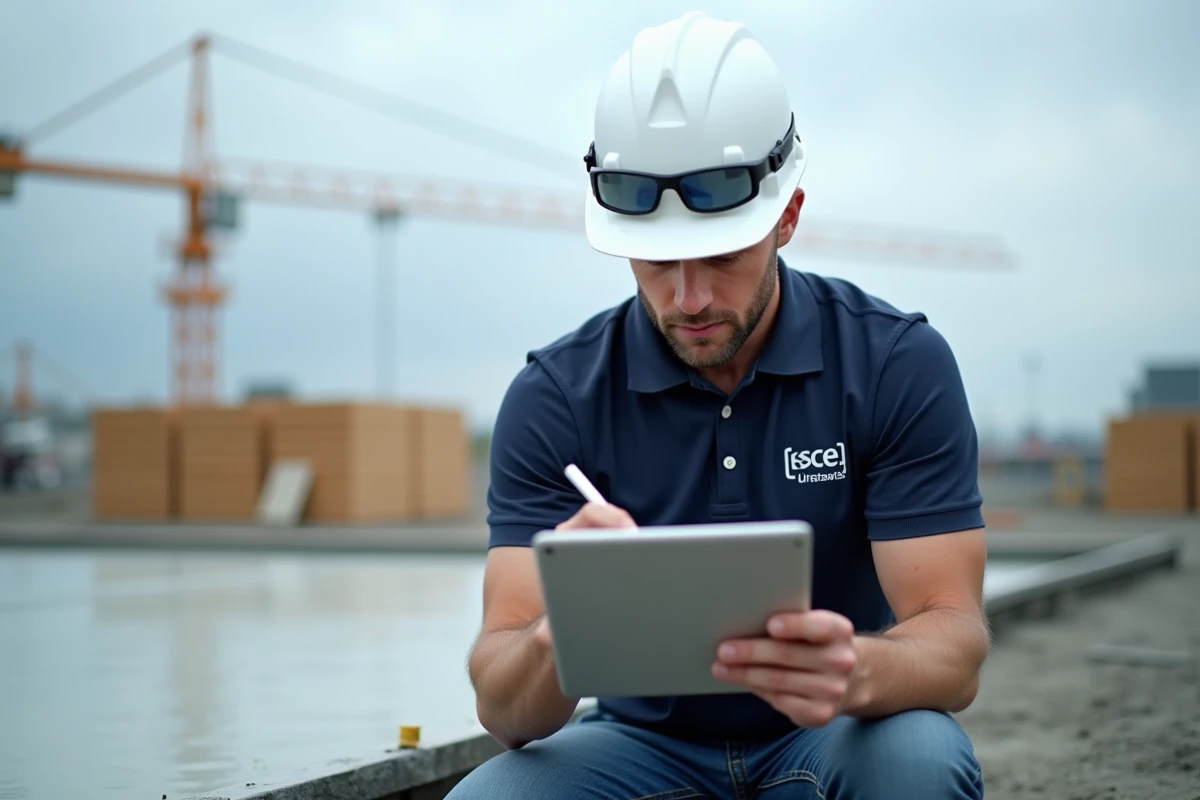 Superviseur de chantier BTP saisissant des données sur tablette pour le suivi numérique de l'avancement des travaux
