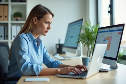Professionnelle synchronisant son agenda Google avec un logiciel de prise de rendez-vous sur ordinateur portable dans un bureau moderne