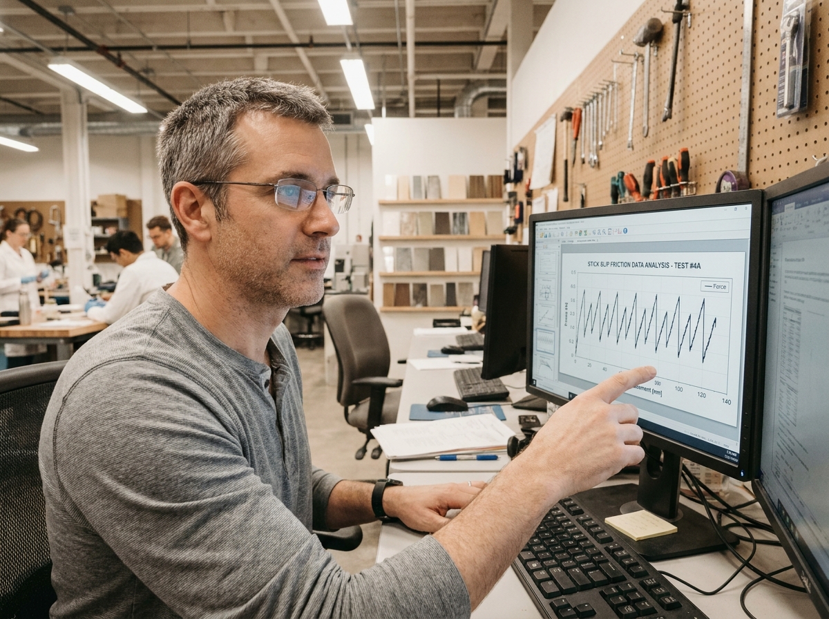 Technicien analyse des courbes de friction stick-slip sur écran dans un bureau de R&D industriel