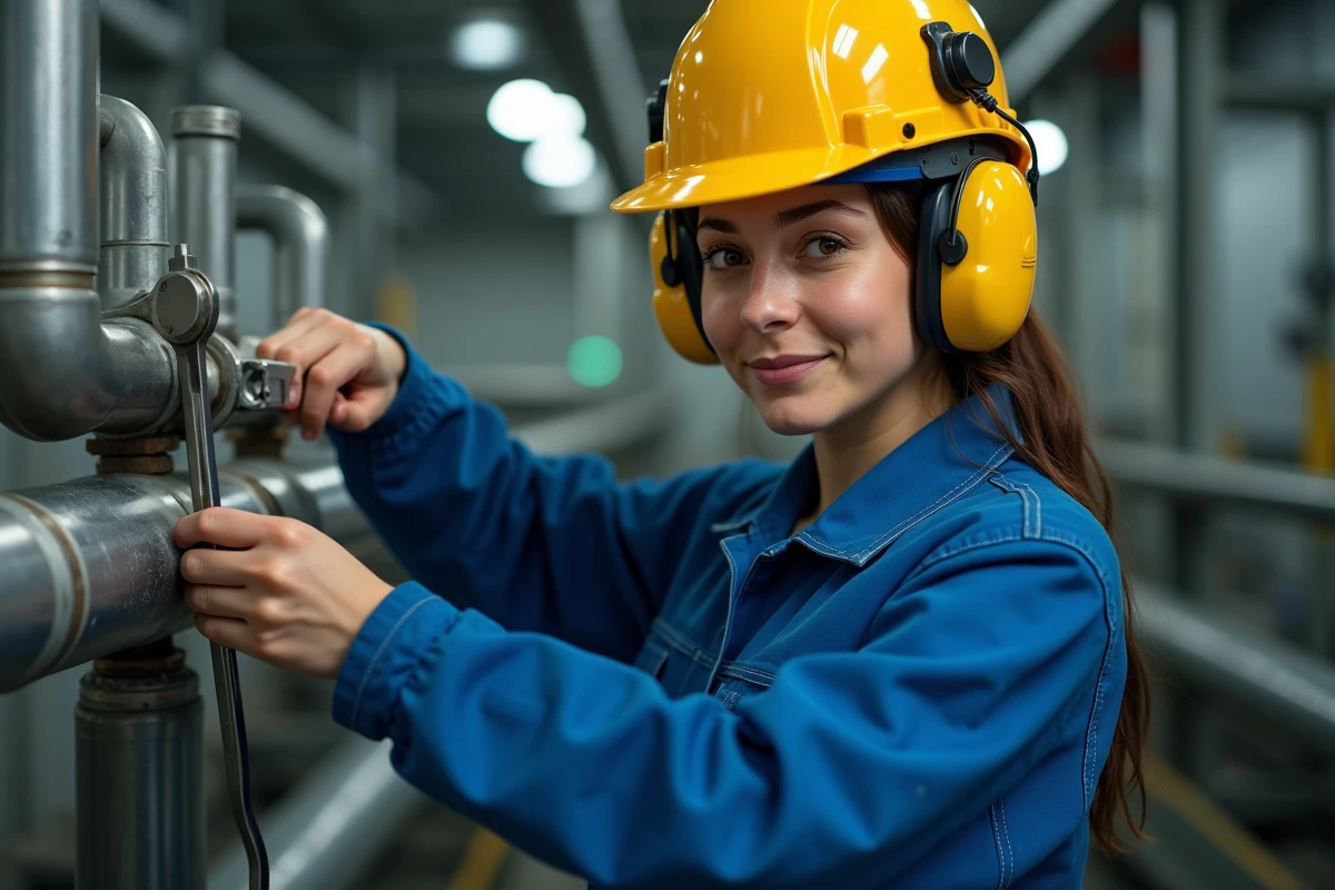 Jeune technicienne ajustant une valve dans une usine