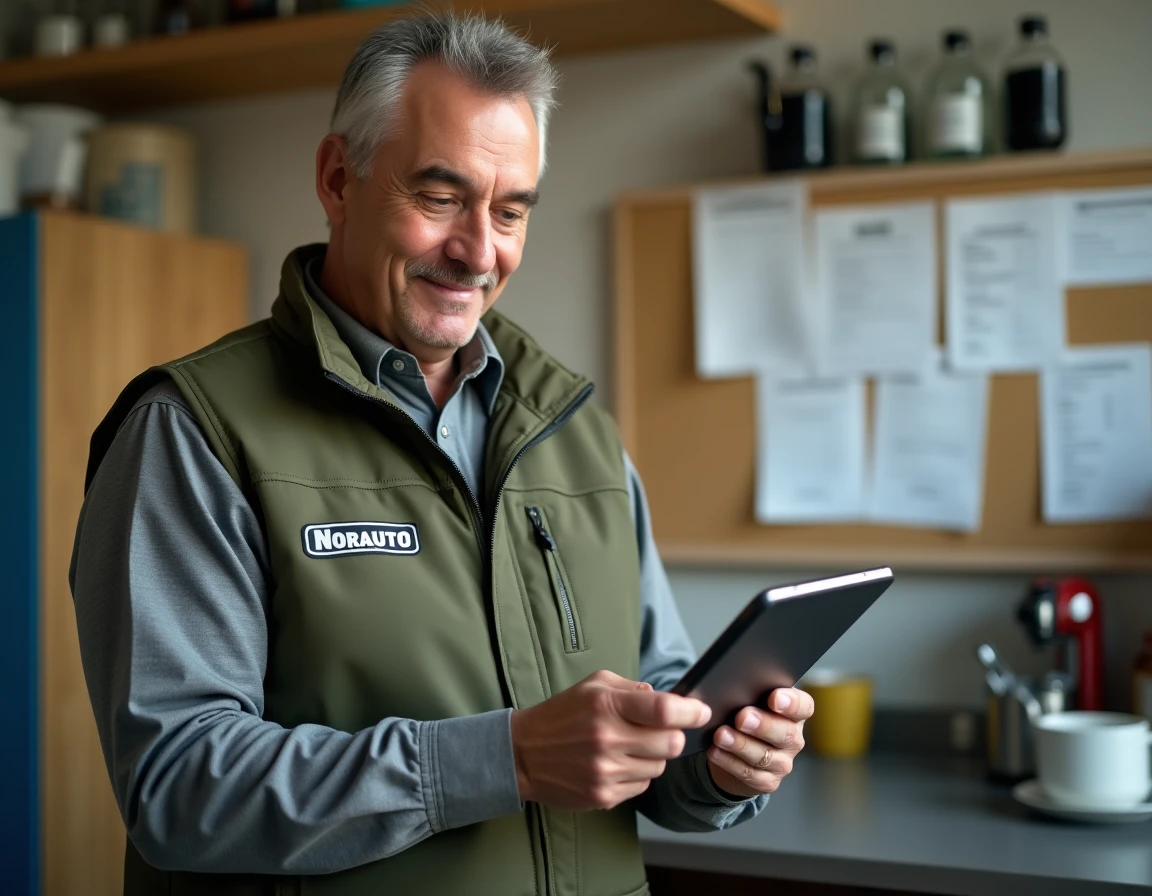Technicien Norauto consultant son planning de travail sur une tablette dans la salle de pause