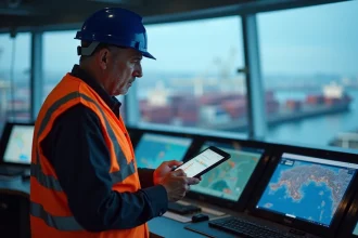 Technicien portuaire consultant des données maritimes sur tablette dans la salle de contrôle du port de Marseille