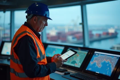 Technicien portuaire consultant des données maritimes sur tablette dans la salle de contrôle du port de Marseille