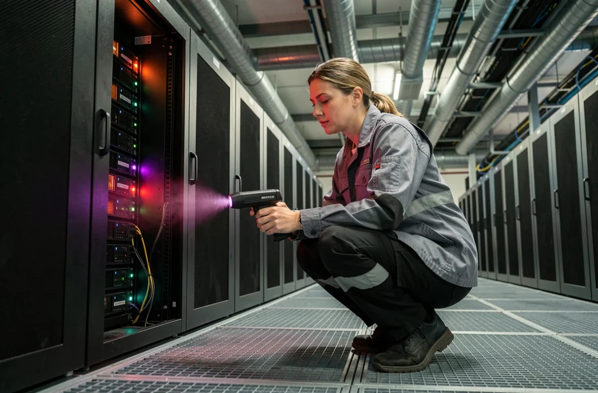 Technicienne mesurant les émissions thermiques d'équipements serveurs dans un centre de données SVC pour optimiser l'efficacité énergétique