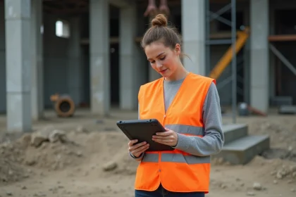 Technicienne terrain consultant une tablette robuste sur un chantier de construction pour le suivi en temps r&eacute;el avec WATERP