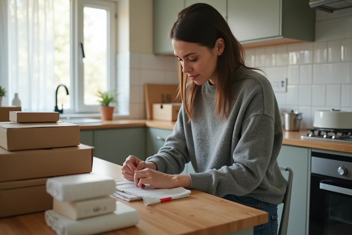 Femme travaillant à domicile en emballant des colis sur une table de cuisine, activité de travail à domicile emballage Pôle emploi