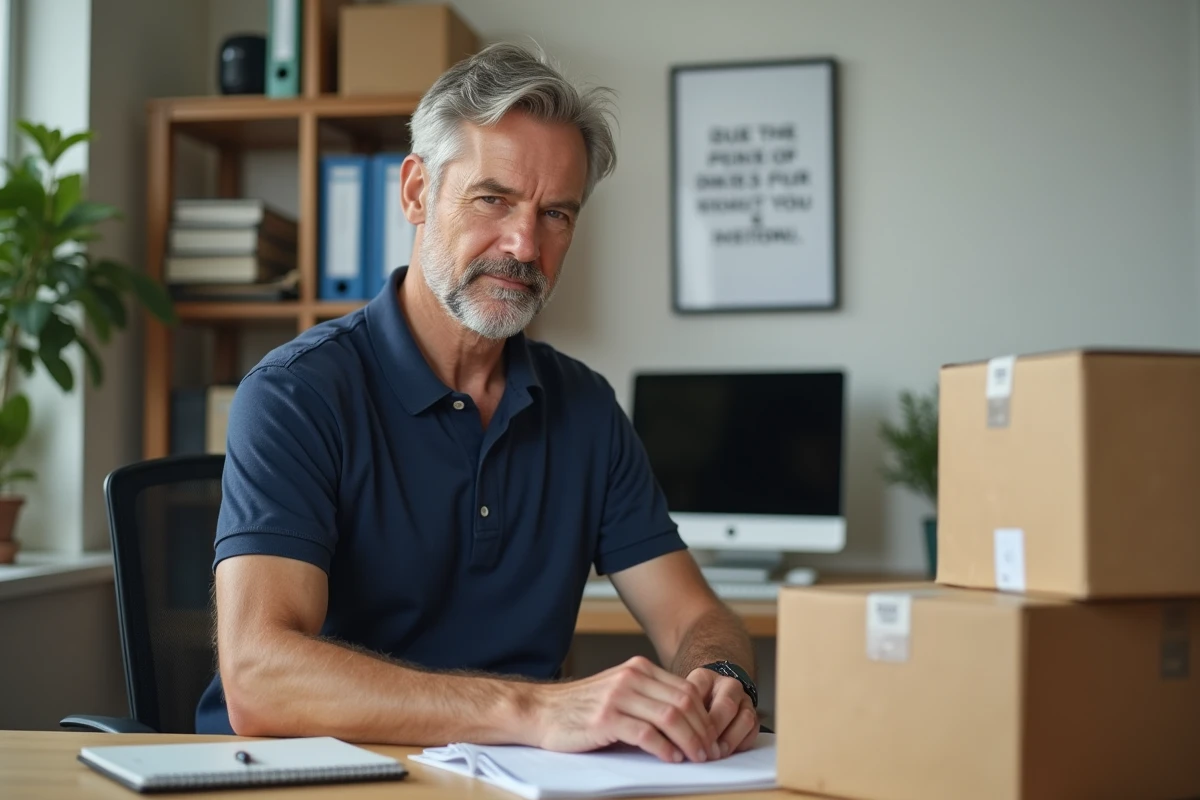 Homme en télétravail emballage dans un bureau à domicile, illustration du travail d'emballage à la maison pour demandeurs d'emploi
