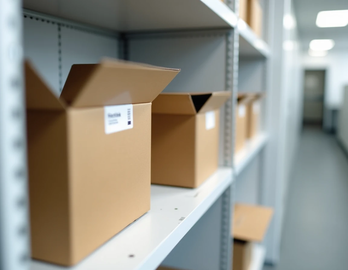 Trois tailles de boîtes postales ouvertes sur une étagère dans une salle de courrier professionnelle, montrant petite, moyenne et grande options