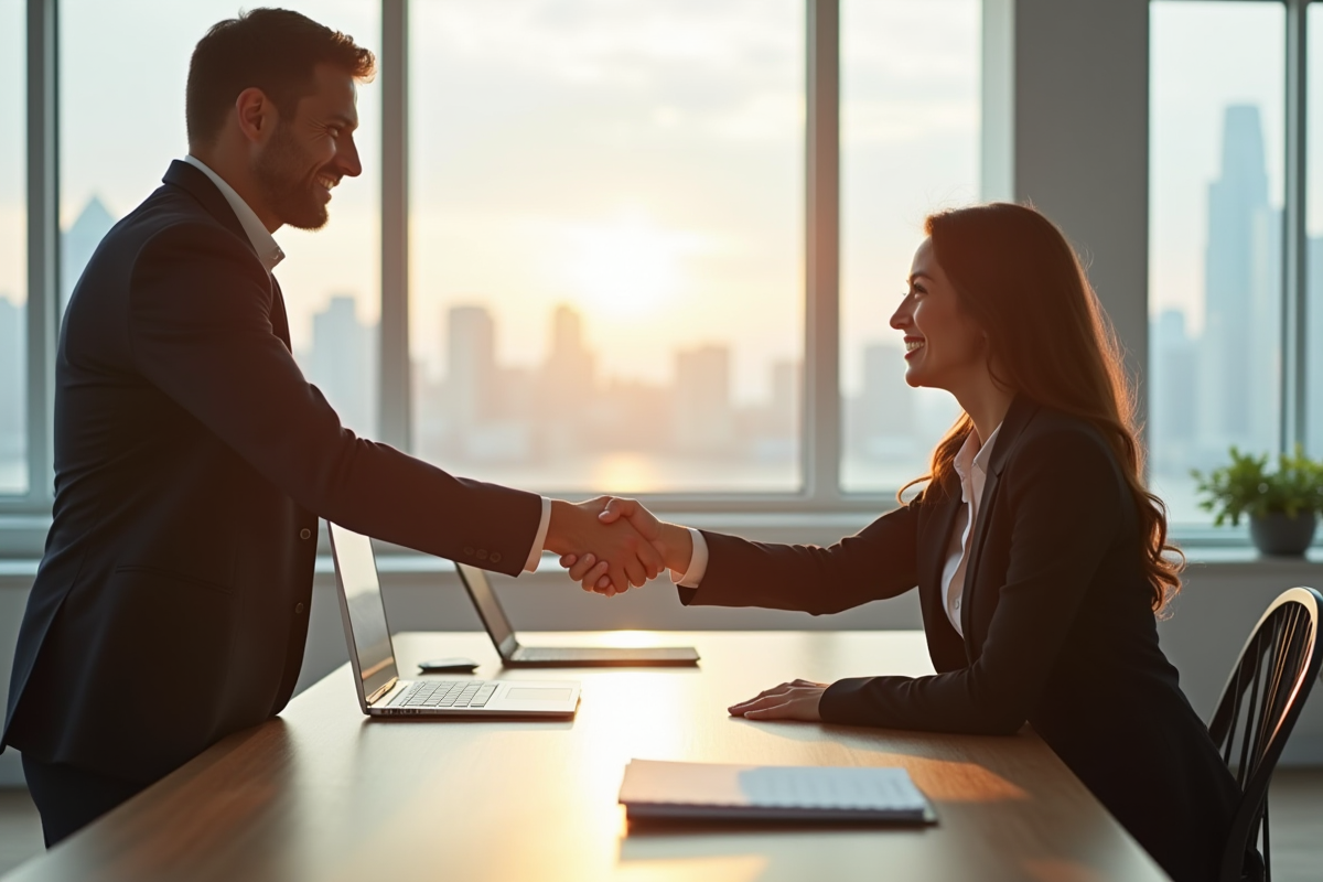 Vendeur confiant serre la main d'un client souriant dans un bureau lumineux