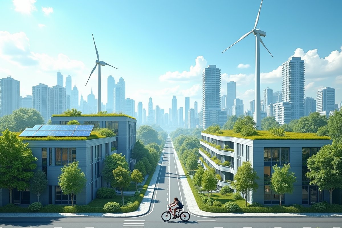 Ville écologique avec panneaux solaires et cyclistes sous ciel bleu