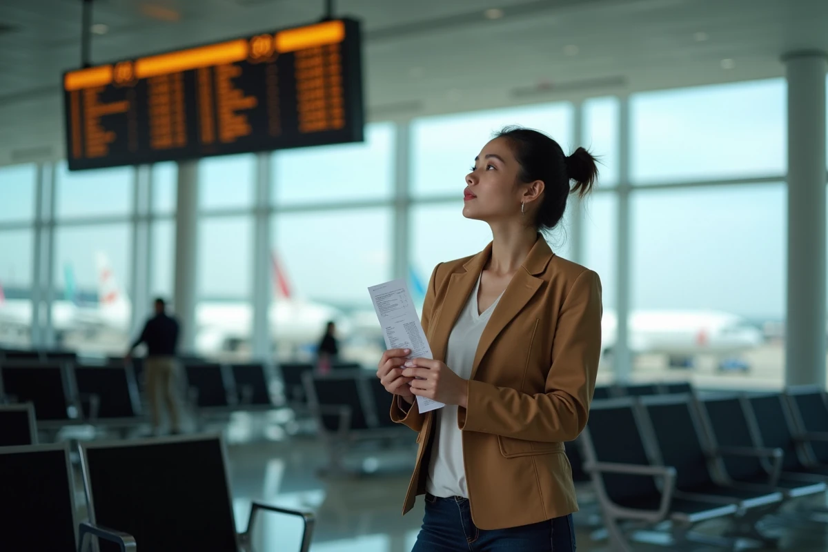 Voyageuse dans un salon de départ d'aéroport consultant le tableau des vols, symbolisant le choix entre compagnies aériennes Boeing et Airbus