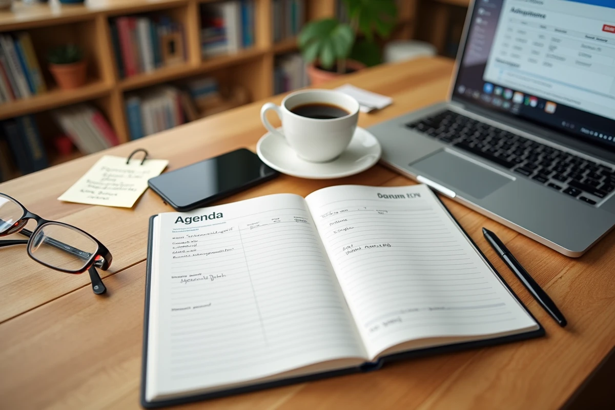 Vue aérienne d'un bureau avec smartphone affichant Google Agenda, agenda papier et interface de réservation en ligne ouverte sur ordinateur