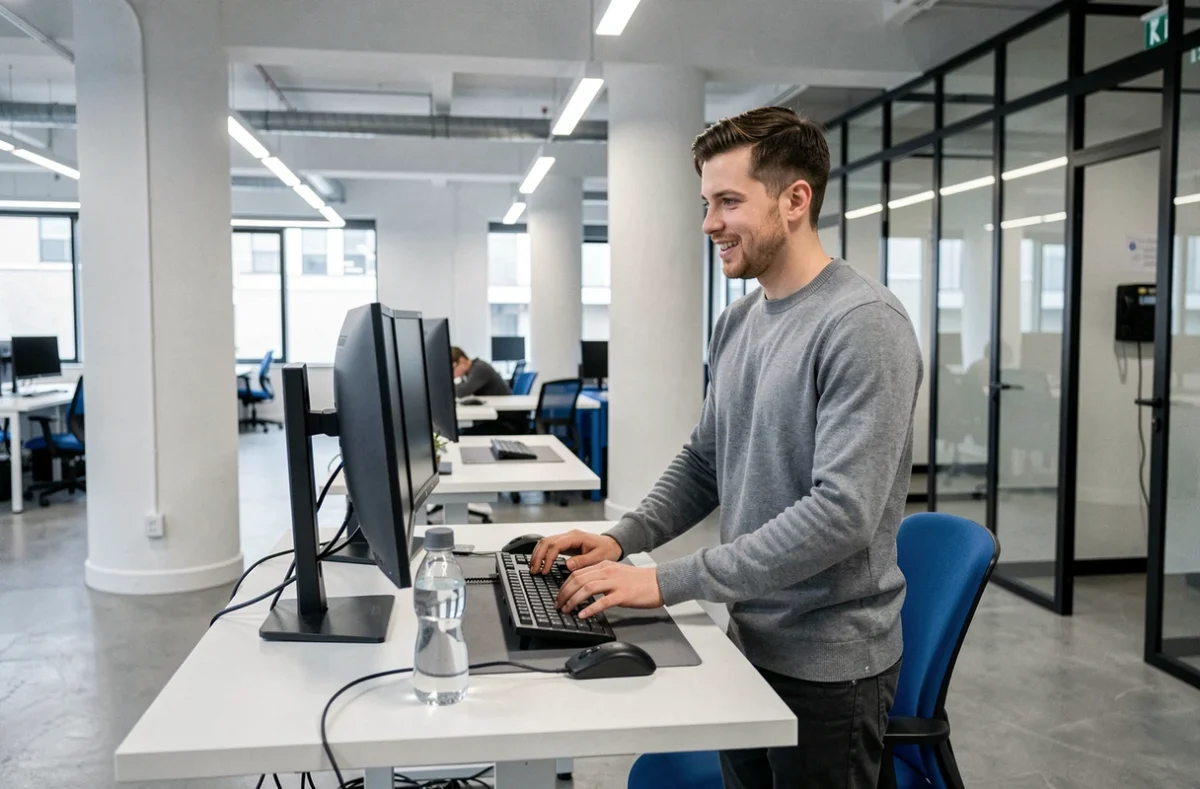 Jeune homme debout à un bureau réglable en hauteur dans l'espace Workin.space Cergy Centre
