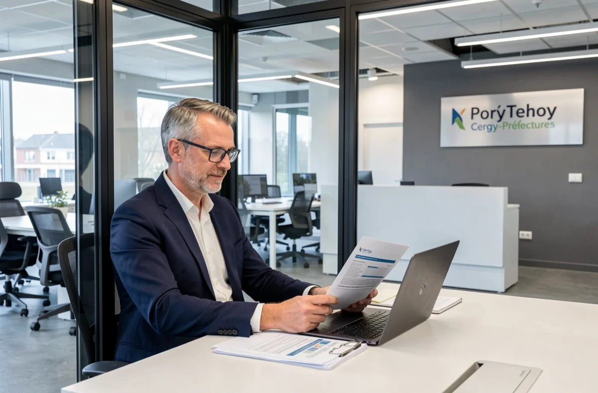 Homme d'affaires travaillant dans une cabine vitrée à l'espace Workin.space Cergy-Préfectures