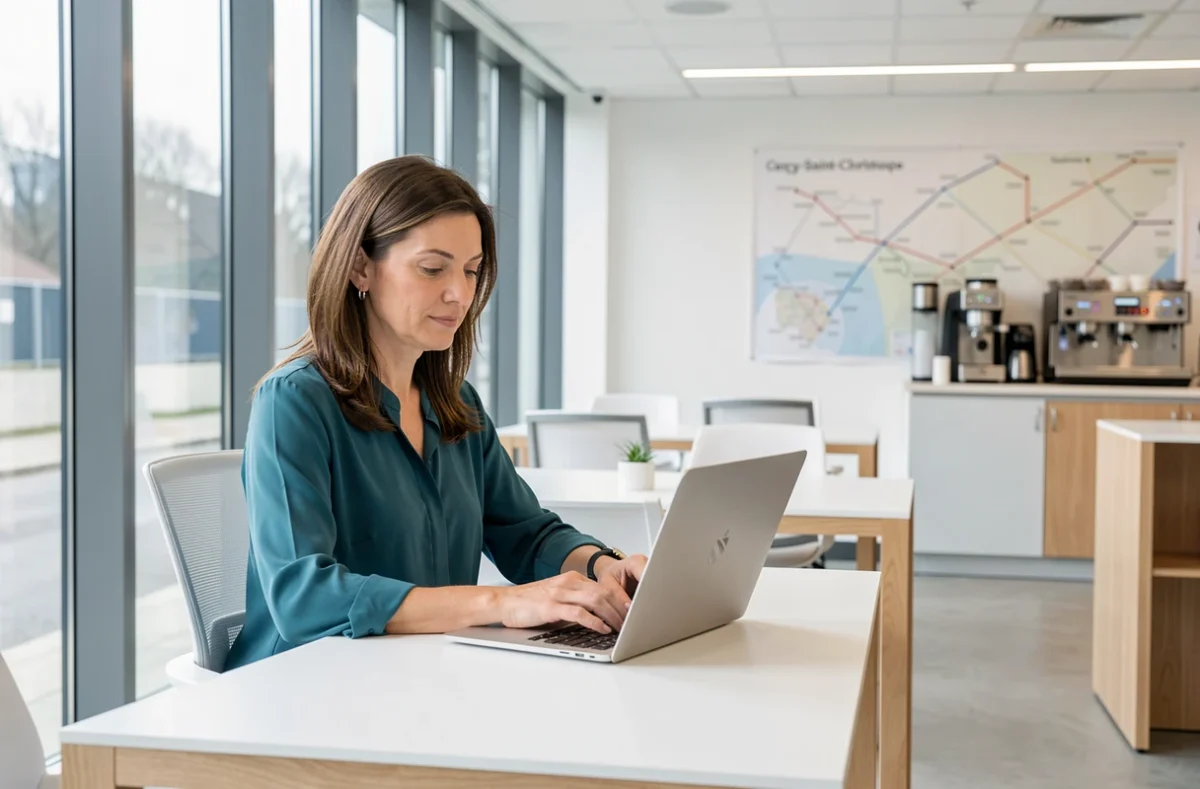 Femme travaillant près des grandes fenêtres de l'espace Workin.space Cergy-Saint-Christophe